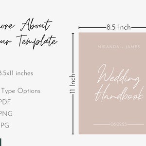 May include: A wedding handbook template, measuring 21.6 x 27.9 cm. The design includes the words "Wedding Handbook" in a stylish script, the names "Miranda + James", and the date "06.02.23". Available file types are PDF, PNG, and JPG.