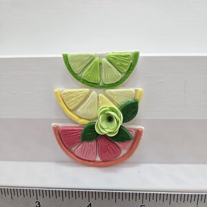 Pode incluir: Tr&ecirc;s decora&ccedil;&otilde;es coloridas de fatias de frutas: uma lima verde, um lim&atilde;o amarelo e uma toranja rosa. Uma pequena flor verde e folhas adornam as fatias de lim&atilde;o e toranja. As fatias de fruta s&atilde;o dispostas sobre uma superf&iacute;cie branca.