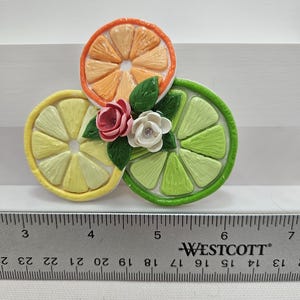 Pode incluir: Um broche colorido com tema c&iacute;trico apresentando fatias de laranja, lim&atilde;o e lima. O broche &eacute; adornado com pequenas flores de tecido e folhas verdes. Uma r&eacute;gua est&aacute; em primeiro plano, com a marca "WESTCOTT" vis&iacute;vel.