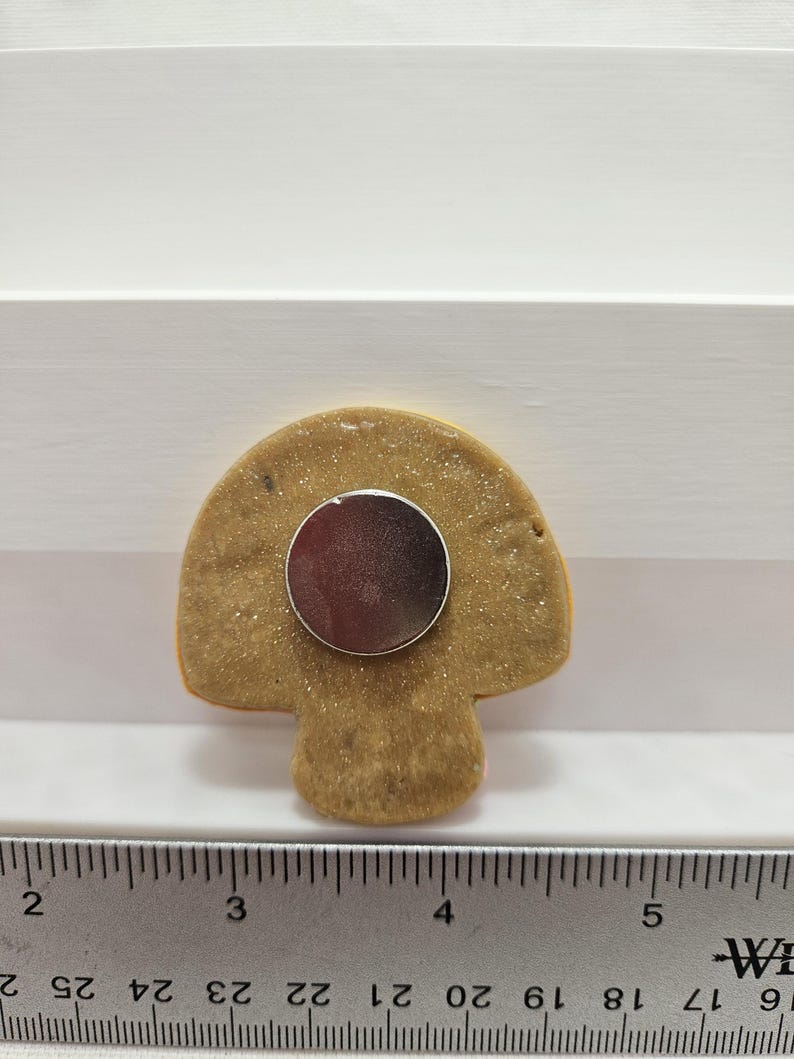 Pode incluir: Um &iacute;man em forma de cogumelo com um disco prateado met&aacute;lico na parte de tr&aacute;s. O &iacute;man &eacute; castanho com uma textura brilhante e um contorno amarelo. Uma r&eacute;gua est&aacute; na parte inferior, mostrando medidas em cent&iacute;metros.