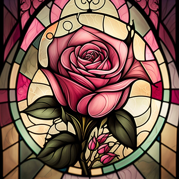 Pink Rose Stained Glass Design for tumbler sublimation, t-shirt design, wall art - PNG file