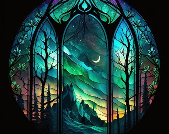 Aurora Borealis Stained Glass design for tumbler sublimation, t-shirt design, wall art - PNG file