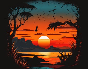 Sunset View Black Background Design for tumbler sublimation, t-shirt design, wall art - PNG file