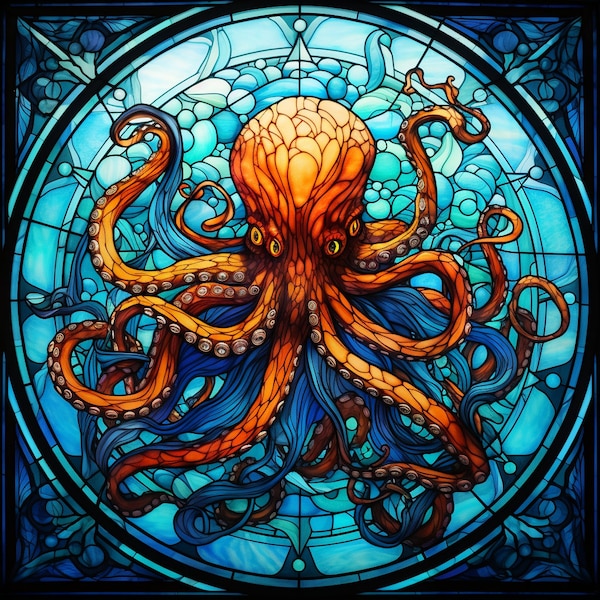 Octopus Stained Glass Design for tumbler sublimation, t-shirt design, wall art - PNG file