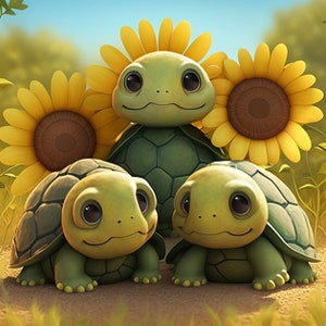 Cartoon Baby Turtles Sunflowers Design for tumbler sublimation, t-shirt design, wall art - PNG file