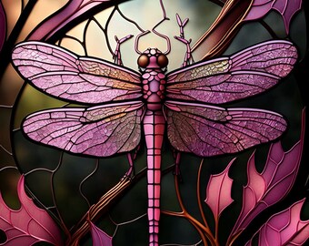 Pink Dragonfly Stained Glass Design for tumbler sublimation, t-shirt design, wall art - PNG, SVG file