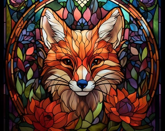 Fox Stained Glass Floral Design for tumbler sublimation, t-shirt design, wall art - PNG, SVG file