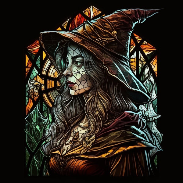 Witch Stained Glass Design for tumbler sublimation, t-shirt design, wall art - PNG file