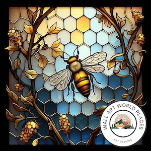 Bee Stain Glass Window design for tumbler sublimation, t-shirt design, wall art PNG file image 1
