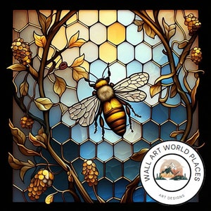 Bee Stain Glass Window design for tumbler sublimation, t-shirt design, wall art PNG file image 1