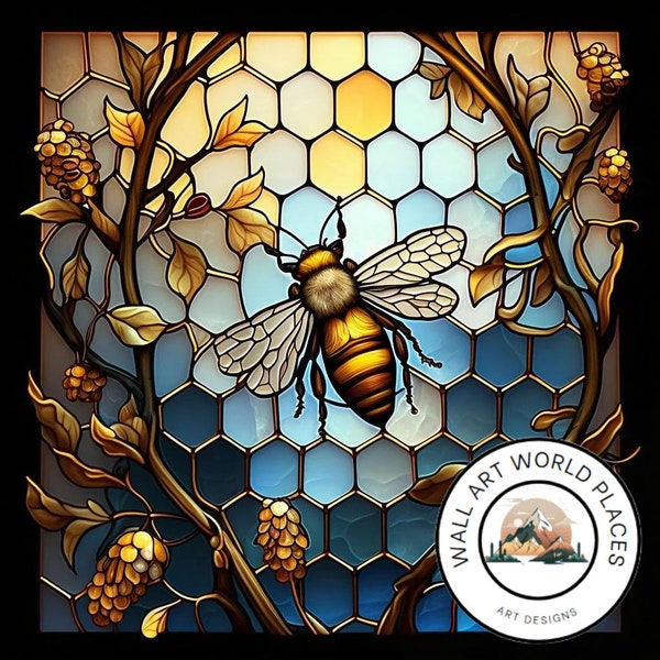 Bee Stain Glass Window design for tumbler sublimation, t-shirt design, wall art - PNG file