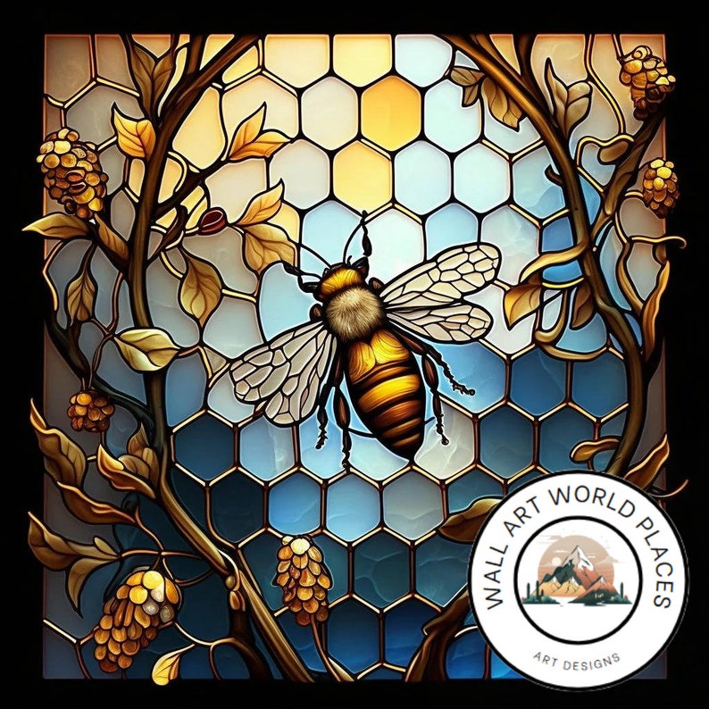 Bee Stain Glass Window design for tumbler sublimation, t-shirt design, wall art PNG file image 1