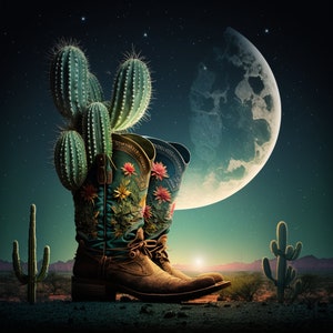 Cactus Moon With Cowboy Boots design for tumbler sublimation, t-shirt design, wall art - PNG file