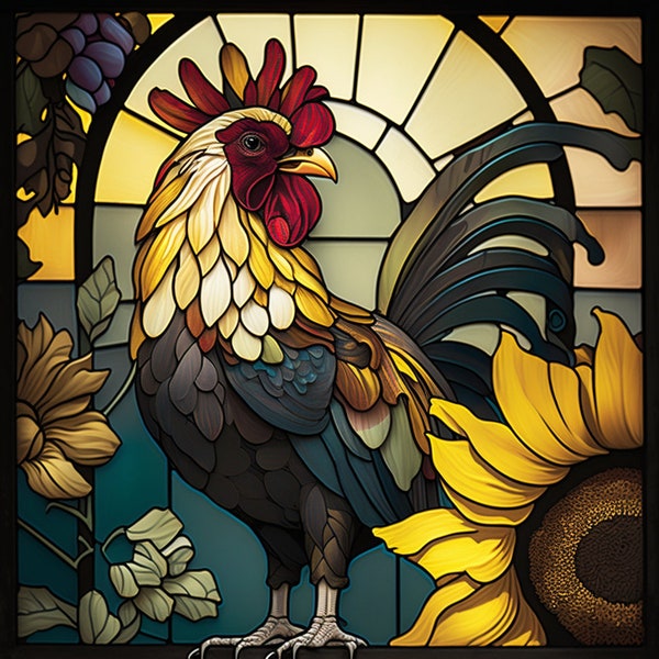 Sunflower Rooster Stained Glass design for tumbler sublimation, t-shirt design, wall art - PNG,SVG file