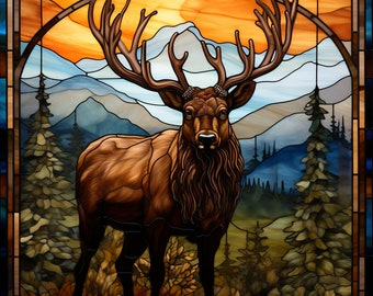 Bull Elk Stained Glass design for tumbler sublimation, t-shirt design, wall art - PNG, SVG file