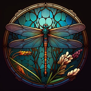 Stained Glass Dragonfly design for tumbler sublimation, t-shirt design, wall art - PNG, SVG file