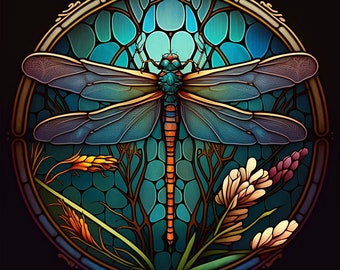 Stained Glass Dragonfly design for tumbler sublimation, t-shirt design, wall art - PNG, SVG file