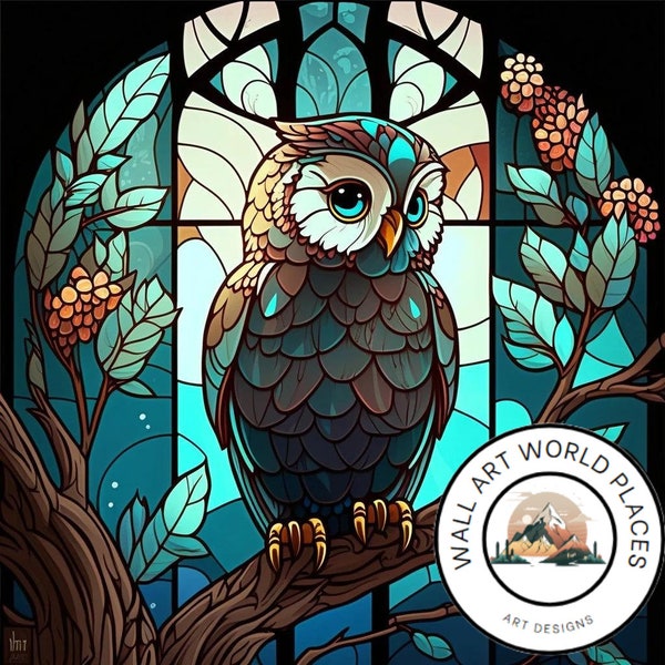 Blue Owl Stained Glass Design for tumbler sublimation, t-shirt design, wall art - SVG, PNG file