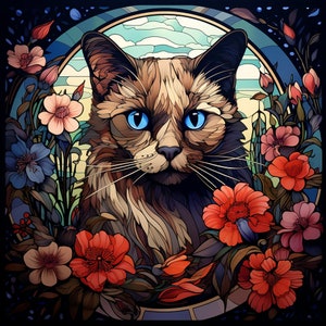 Siamese Floral Cat Design for tumbler sublimation, t-shirt design, wall art - SVG, PNG file