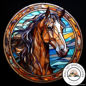 Blue and Brown Horse Stained Glass design for tumbler sublimation, t-shirt design, wall art - PNG, SVG file