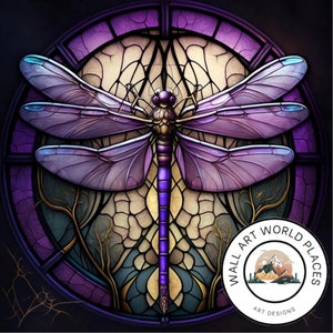 Violet Dragonfly Stained Glass Design for tumbler sublimation, t-shirt design, wall art - PNG, SVG file