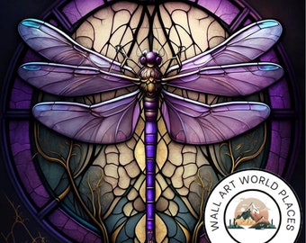 Violet Dragonfly Stained Glass Design for tumbler sublimation, t-shirt design, wall art - PNG, SVG file
