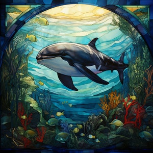 Whale Stained Glass Design for tumbler sublimation, t-shirt design, wall art - PNG file