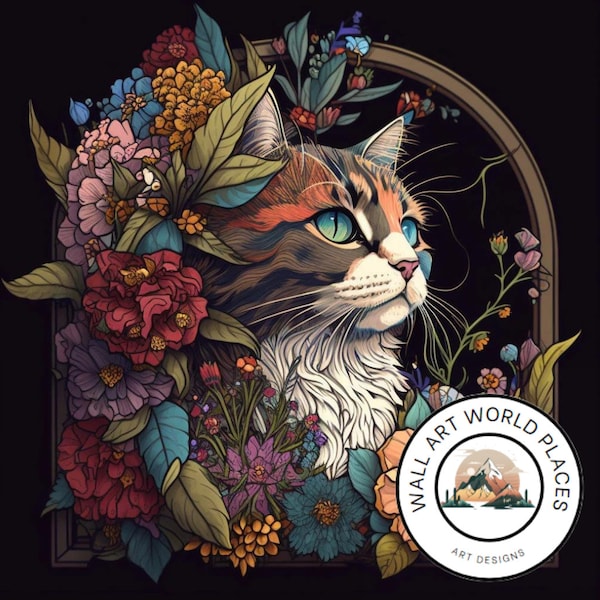 Cat Flowers Stained Glass Design for tumbler sublimation, t-shirt design, wall art - SVG, PNG file