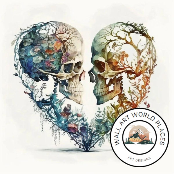 Skeleton Skull Lovers Heart Watercolor Design for tumbler sublimation, t-shirt design, wall art - PNG, SVG file