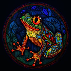 Neon Frog Stained Glass Design for tumbler sublimation, t-shirt design, wall art - PNG, SVG file