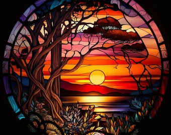 Sunset Stained Glass design for tumbler sublimation, t-shirt design, wall art - SVG, PNG file