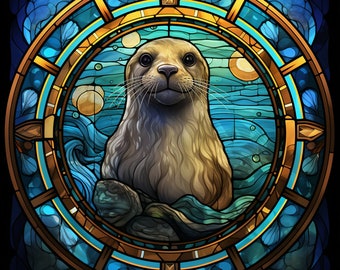 Seal Stained Glass Design for tumbler sublimation, t-shirt design, wall art - PNG file