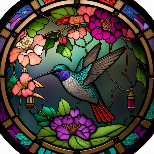 Flower HummingBird Stained Glass Design for tumbler sublimation, t-shirt design, wall art - PNG, SVG file