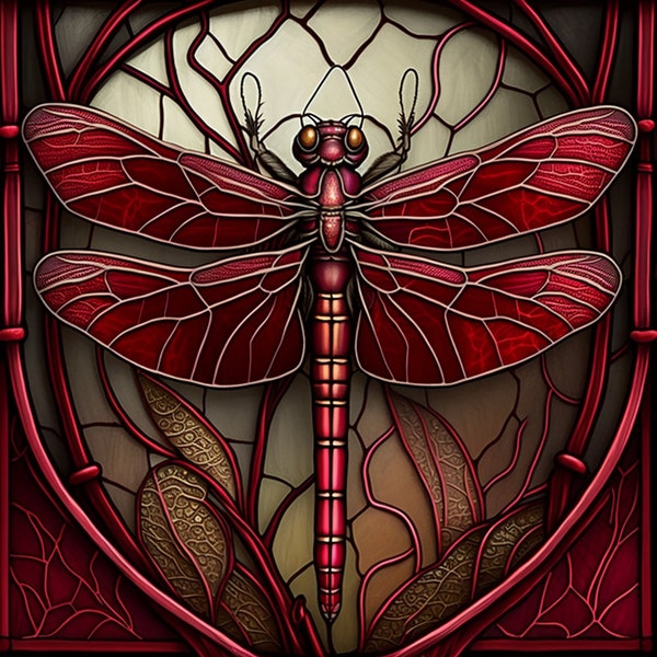 Red Dragonfly Stained Glass Design for tumbler sublimation, t-shirt design, wall art - PNG, SVG file