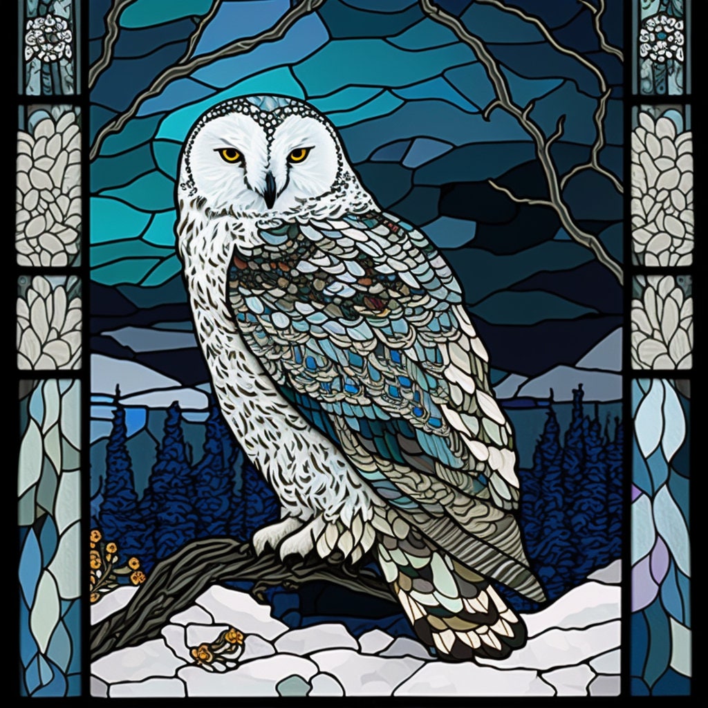 Snowy Owl Stained Glass Design for tumbler sublimation, t-shirt design, wall art - PNG file