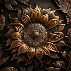 Sunflower Tooled Leather Metalic Design for tumbler sublimation, t-shirt design, wall art - PNG file