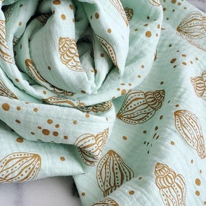 Double cotton gauze scarf, Aqua mint green scarf, Cotton fiber scarf, Shoulder wrap scarf, Seashell pattern beach scarf Organic cotton scarf