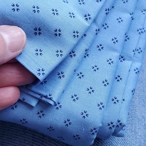 May include: Close-up of folded light blue fabric featuring a repeating pattern of small, dark blue floral designs. The fabric is held, highlighting its texture and colour. The overall theme is textile.
