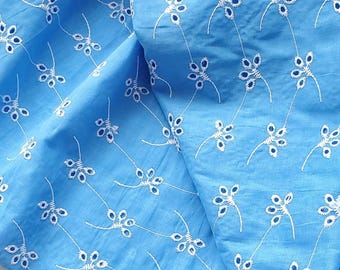 Flower Embroidery Eyelet Sewing Material, Light Blue Floral Eyelet Cotton Fabric, Natural fiber, Embroidered Dress Skirt Fabric by the yard