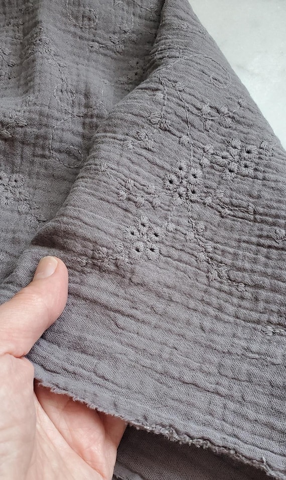 Double gauze cotton scarf, Embroidered Light Charcoal Grey cotton scarf, Lightweight shoulder wrap, Floral embroidered Cotton muslin scarf