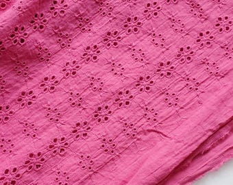 Pink Flower Embroidery Cotton Eyelet Fabric, Raspberry Fuchsia Cotton Fabric, Lightweight cotton fabric for summer clothing, Fabric by yard