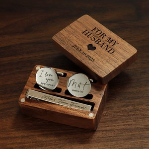 Personalized Metal Cufflinks, Tie Clip & Gift Box, Wedding Day Cuff links Groom Dad Groomsmen, Birthday Anniversary Gift for Husband