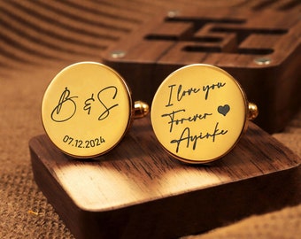 Boutons de manchette personnalisés en métal doré - avec boîte cadeau gravée, cadeau de bouton de manchette personnalisé pour le père du marié, le marié, le mari le jour du mariage