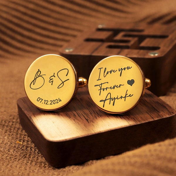 Personalized gold metal cufflinks - with engraved gift box, custom cufflink gift for father of the groom, groom, husband on wedding day