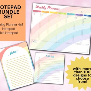 Op de afbeelding: Een set printbare notitieblokontwerpen met een regenboogthema. De set bevat een weekplanner, een notitieblok en een to-dolist-notitieblok. De ontwerpen zijn kleurrijk en vrolijk, met een regenboogachtergrond en een witte rand.