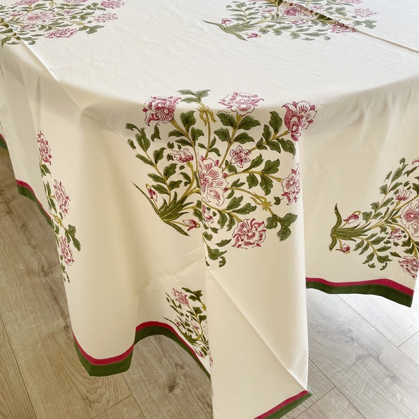 Blockprint pink & green floral tablecloth 6-seater table 150 x 200cm