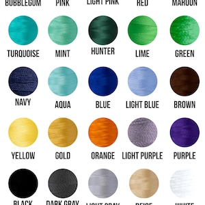 May include: A thread color chart with a pink header displays 24 thread colors. Colors include bubblegum, pink, light pink, red, maroon, turquoise, mint, hunter, lime, green, navy, aqua, blue, light blue, brown, yellow, gold, orange, light purple, purple, black, dark gray, light gray, beige, and white.