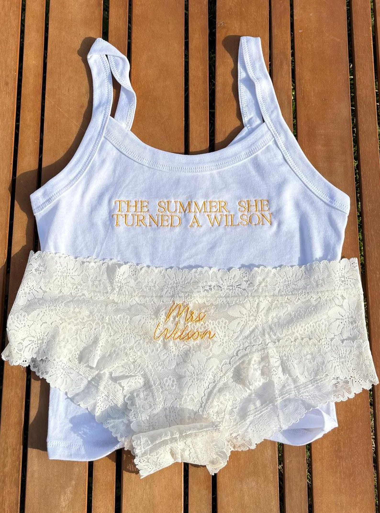 Personalized Bride Lingerie Set, Lace Panties, Cotton Tank, Bridal Gift Box