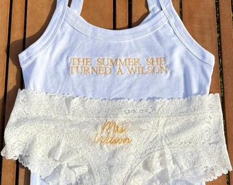 Personalized Bride Lingerie Set, Lace Panties, Cotton Tank, Bridal Gift Box