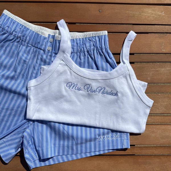 Custom Bridal Pajama Set, Personalized Mrs. Tank Top, Honeymoon Gift
